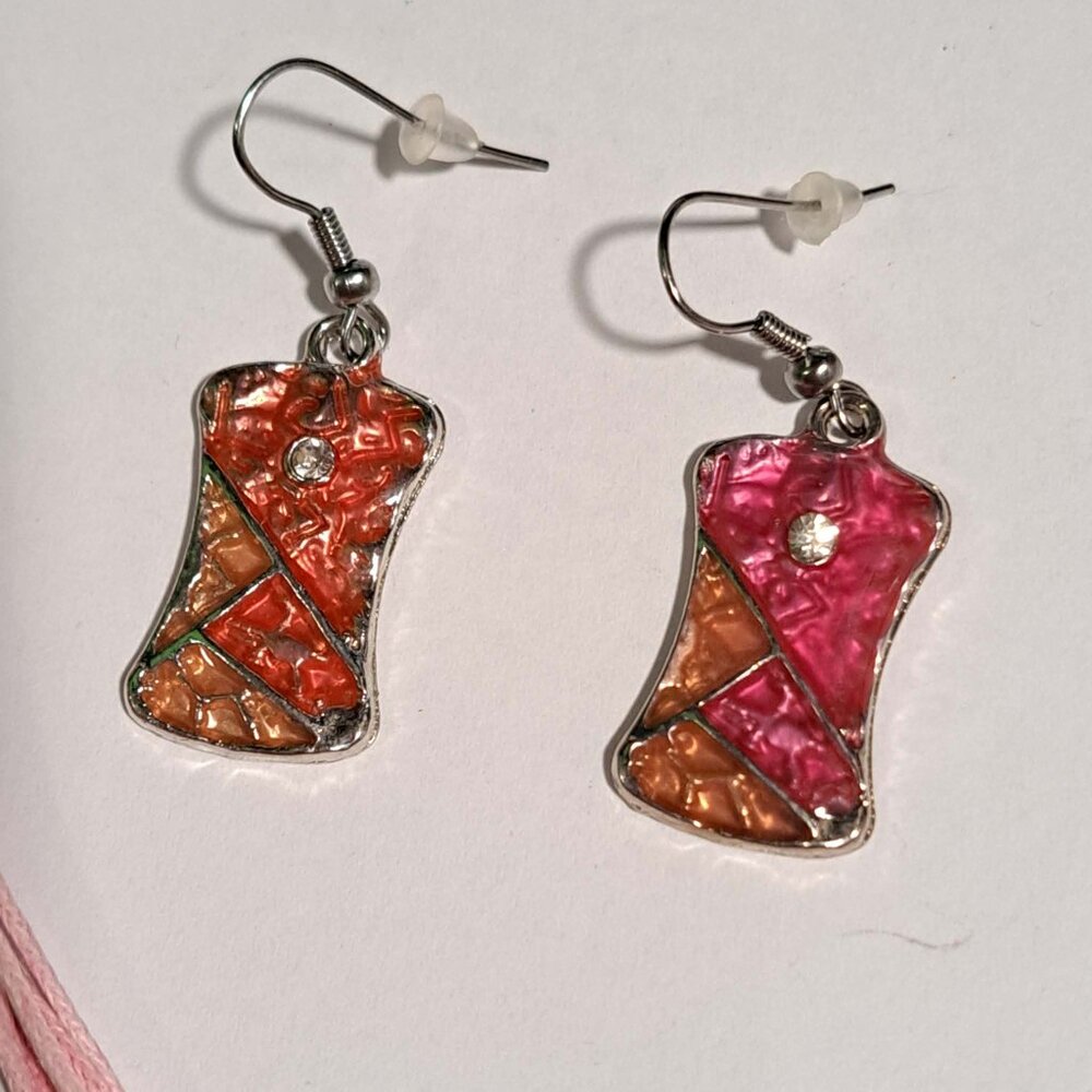 pink orange silver color earing and necklace set large pendant abstract - Picture 3 of 7